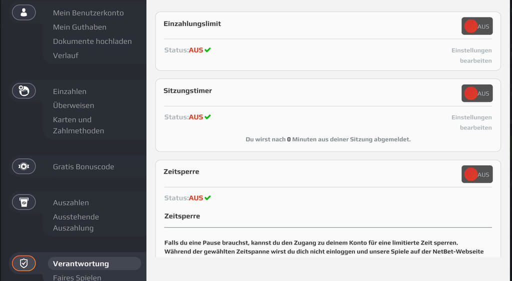 Einstellungen für verantwortungsvolles Spielen im NetBet-Konto