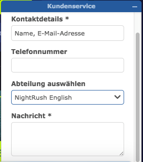 NightRush Kundenservice Live-Chat Formular