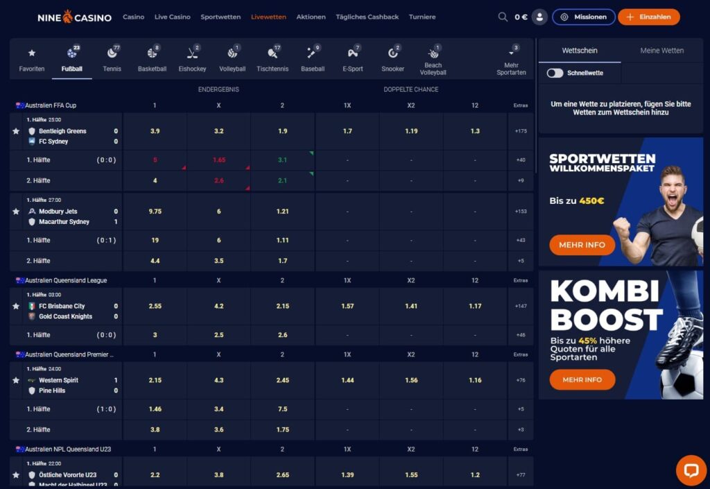 Livewetten von Ninecasino