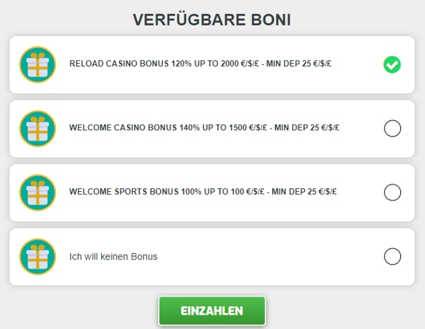 Verfügbare Boni bei der Einzahlung im Playfastcasino