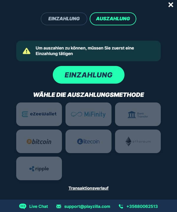 Auszahlung bei Playzilla
