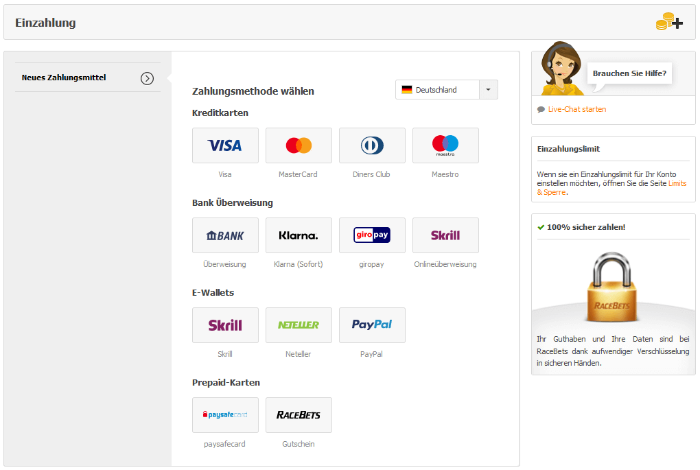 Einzahlung bei RaceBets
