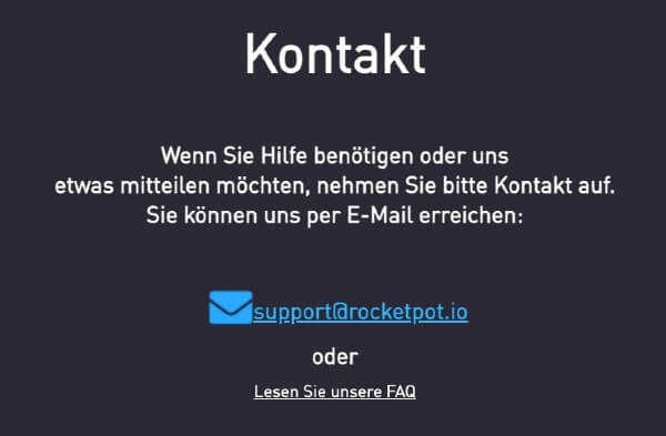 Die Kontaktmöglichkeiten von Rocketpot.io