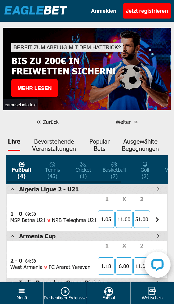 Eaglebet Sportwetten Mobile App Homepage 