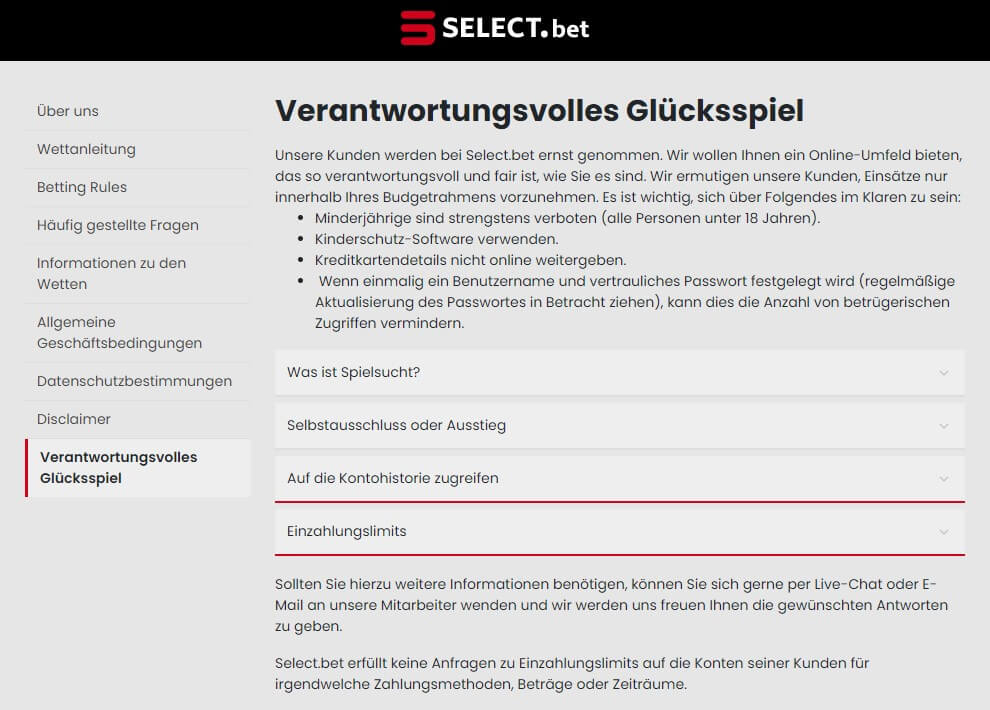 Spielerschutz von Select.bet