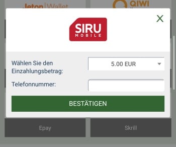 Ein neues Fenster zur Siru Einzahlung öffnet sich