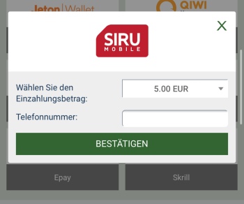 Ein neues Fenster zur Siru Einzahlung öffnet sich