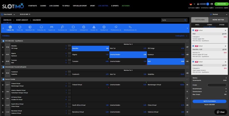 Livewetten des Slotimo Casinos