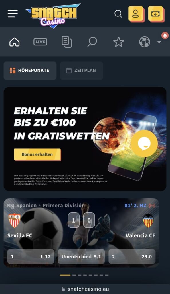 Mobile Ansicht Snatch Casino Sportwetten
