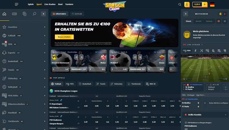 Wettangebot von Snatch Casino Sportwetten