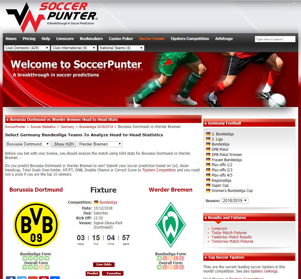 Soccerpunter Webseite mit Auszug einer Match-Statistik (Quelle: Soccerpunter)