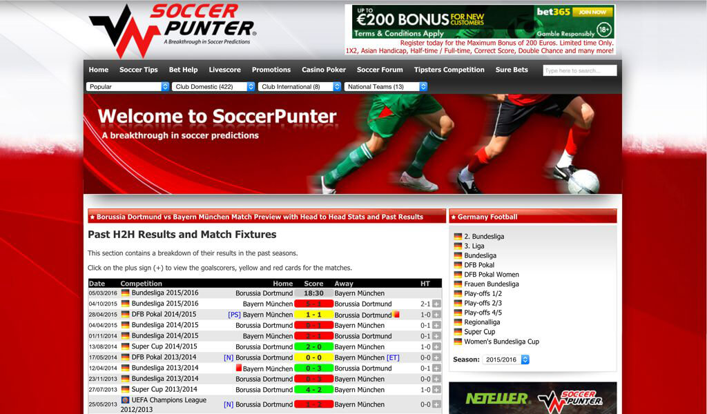 Soccerpunter Webseite mit Auszug einer Match-Statistik (Quelle: Soccerpunter)