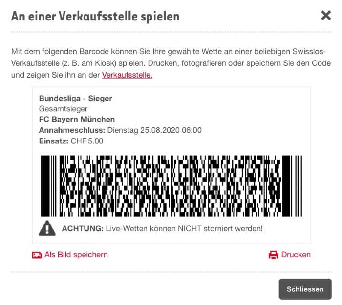 Sporttip – Barcode zum Wettschein