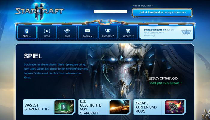 Offizielle Webseite zu Starcraft II mit Informationen zum Spiel (Quelle: eu.battle.net)