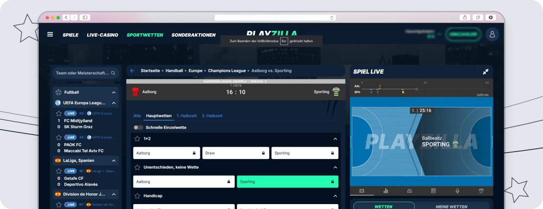 Screenshot Handball Wetten - Playzilla Livewetten desktop