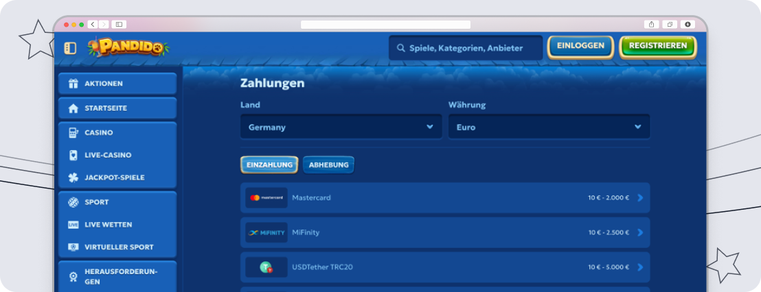 screenshot pandido Einzahlungsmethoden mobile