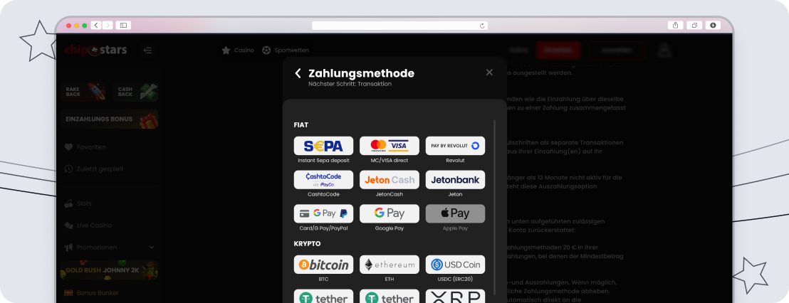 Screenshot Chipstars – Zahlungsmethoden - desktop