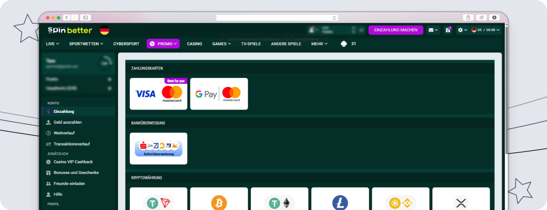 Screenshot SpinBetter Einzahlungen & Auszahlungen desktop