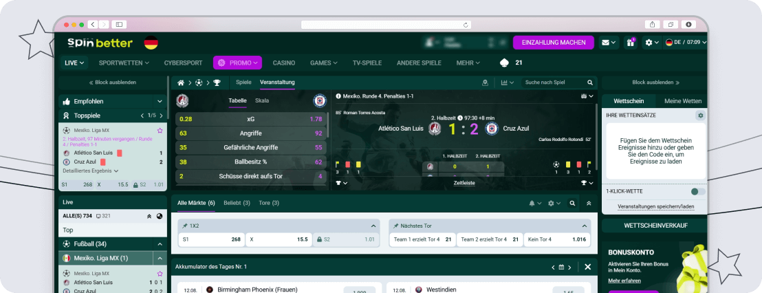 Screenshot SpinBetter Livewetten desktop