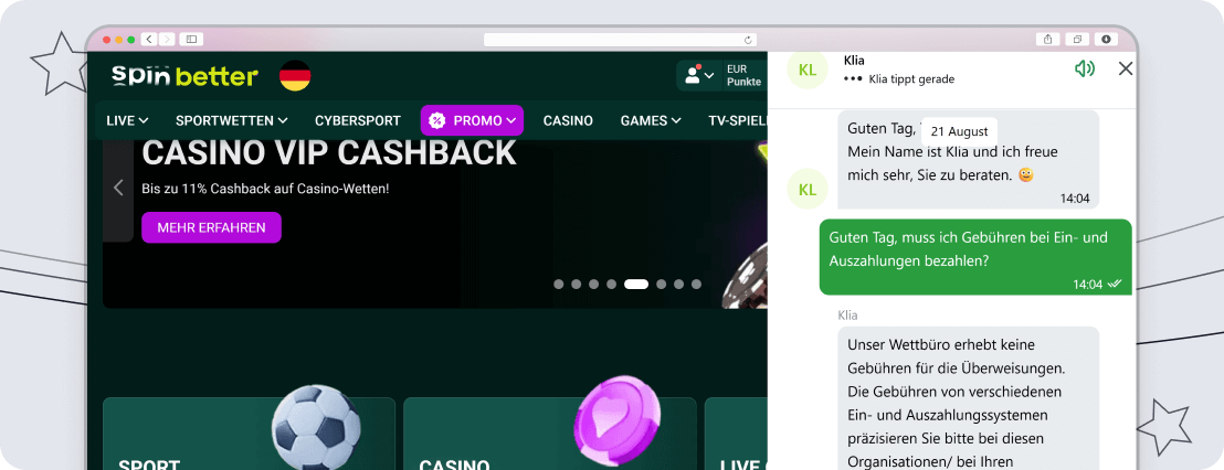 Screenshot SpinBetter Service & Support desktop