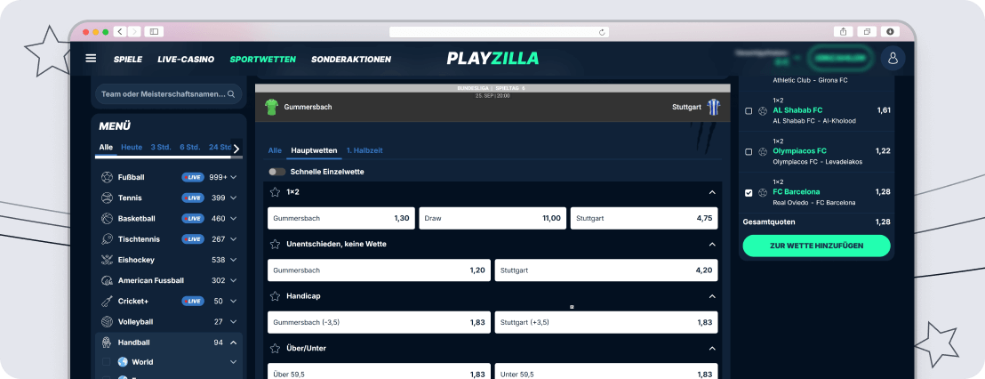 Screenshot Handball Wetten - Playzilla Wettmärkte desktop