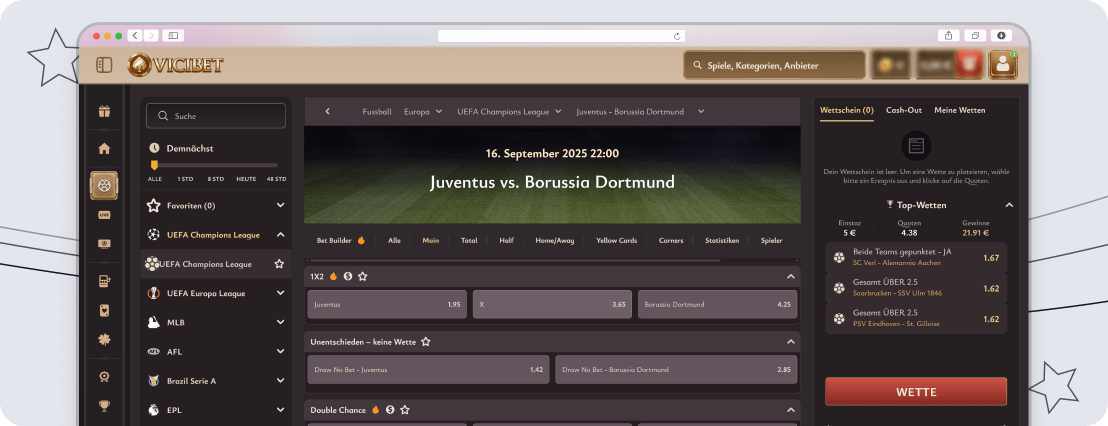 Screenshot Vicibet Bedienung & Design desktop