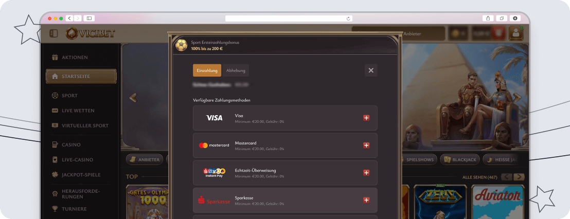Screenshot Vicibet Einzahlungen & Auszahlungen desktop
