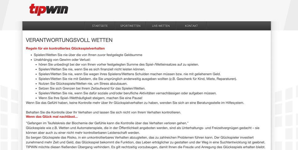 Tipwin informiert ausführlich zum Thema "Verantwortungsvolles Wetten" auf der Webseite (Quelle: Tipwin)