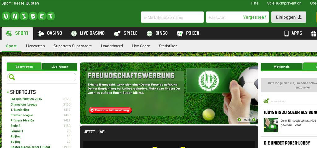 Startseite des Wettanbieters Unibet (Quelle: Unibet)