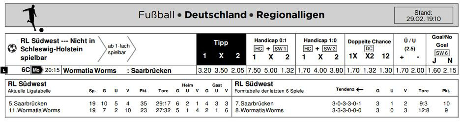 Auszug aus dem PDF Sportwettenprogramm bei Vest-Wetten (Quelle: vest-etten.de)