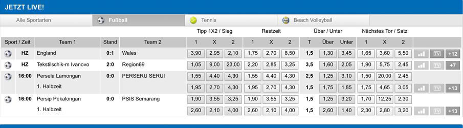 Livewetten-Übersicht beim Wettanbieter volltreffer (Quelle: volltreffer)