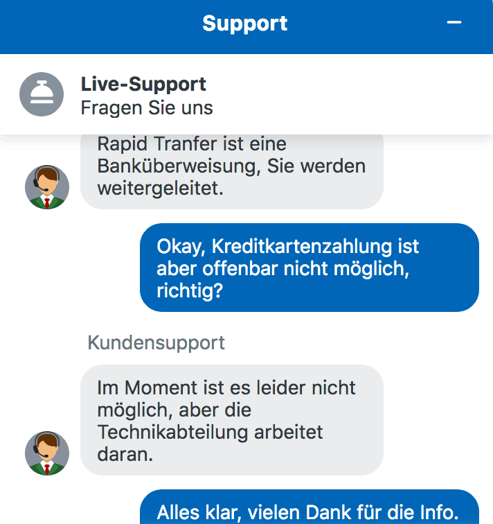 Auszug aus Live-Chat mit Wsbet Kundendienst