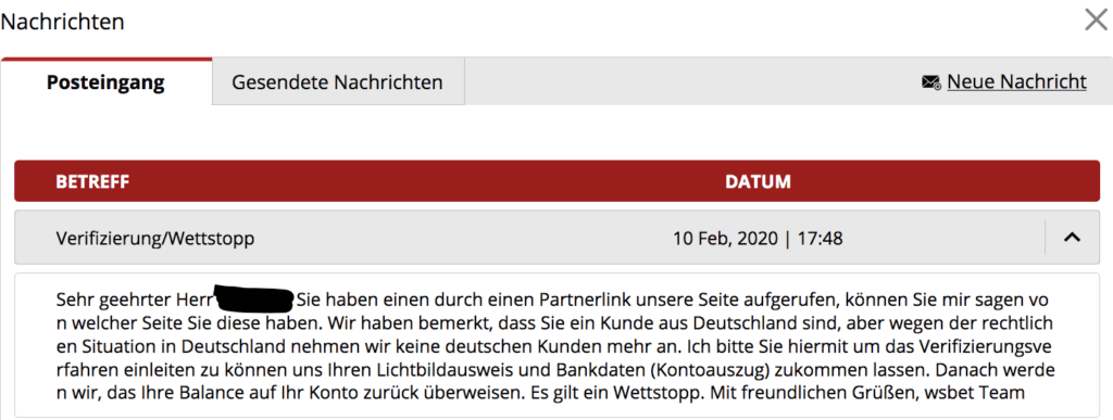 Nachricht von Wsbet zum verhängten Wettstopp