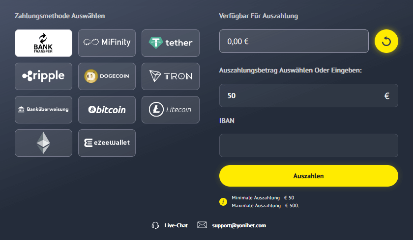 Auszahlung bei Yonibet