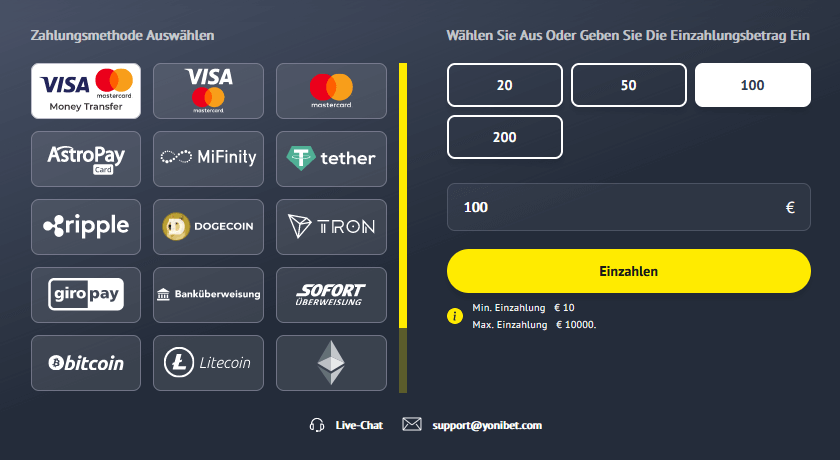 Einzahlung bei Yonibet
