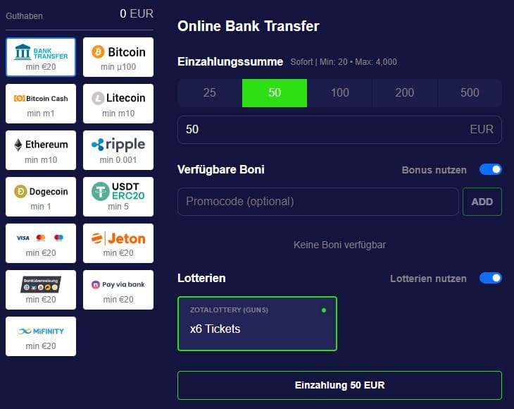 Einzahlung bei ZotaBet